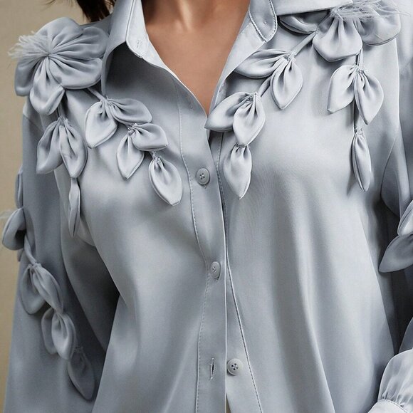 Blue Elegant Women's Loose 3d Floral Turndown Collar Long Sleeve Blouse - Picture 2 of 7